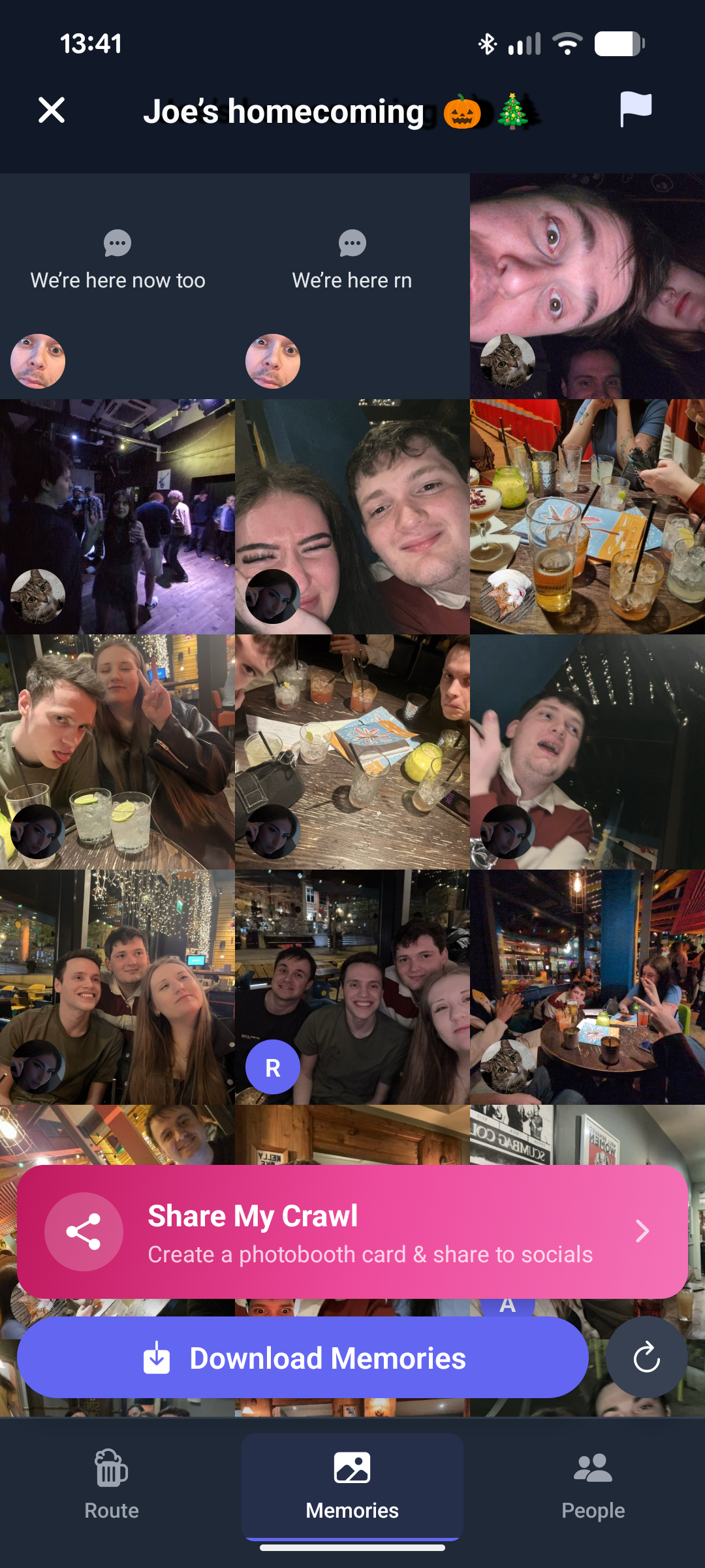 Barhops Event mode showing shared photo gallery and memories
