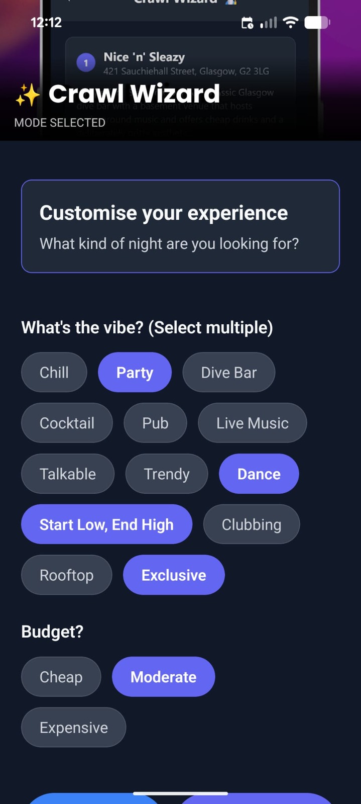 Barhops Crawl Wizard showing AI-generated bar crawl route
